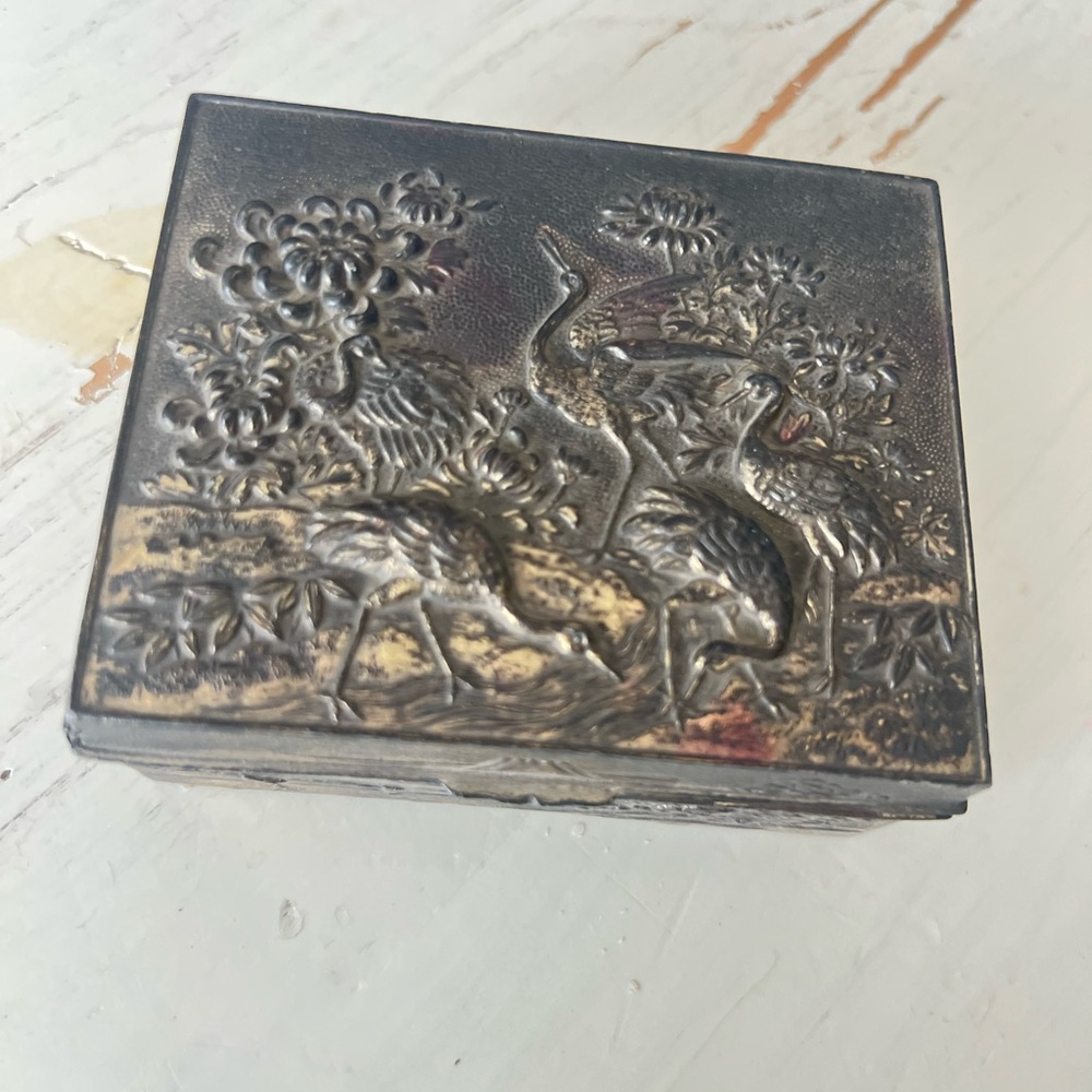 Vintage Silver Trinket Box with Crane Design